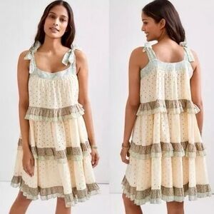 Anthropologie Cream and Mint Tiered Midi Dress